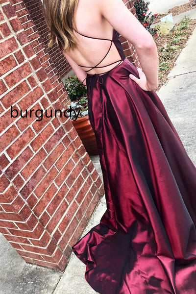 Simple High Slit Prom Dresses Backless Evening Dresses Blue Green Burgundy