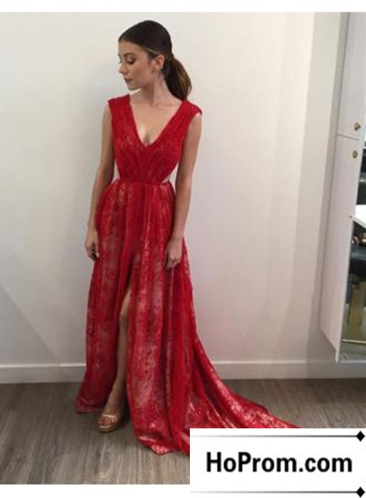 Sleeveless Red V-Neck Lace Prom Dress Evening Dresses