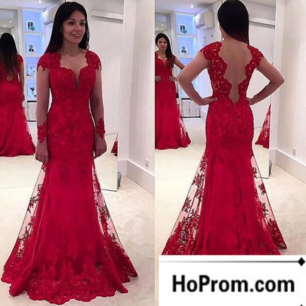 Long Sleeve Red Lace Beading Prom Dress Evening Dresses
