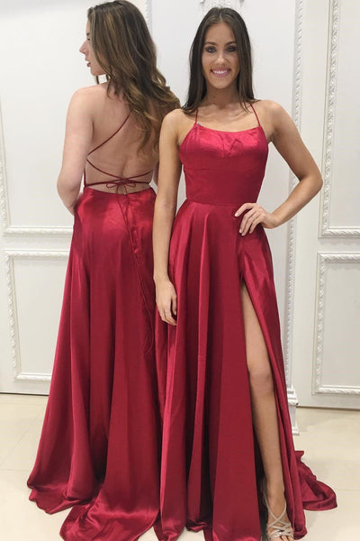 Simple High Slit Prom Dresses Backless Evening Dresses Blue Green Burgundy