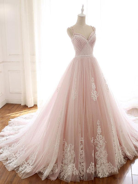 A Line Pink Beaded Prom Dresses Ball Gown Straps Evening Dress