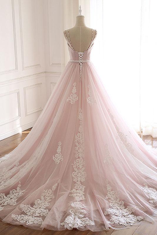 A Line Pink Beaded Prom Dresses Ball Gown Straps Evening Dress – Hoprom