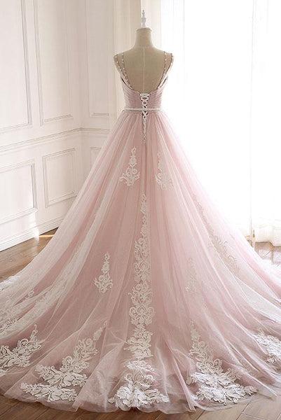 A Line Pink Beaded Prom Dresses Ball Gown Straps Evening Dress