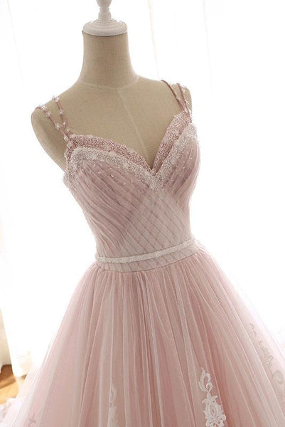A Line Pink Beaded Prom Dresses Ball Gown Straps Evening Dress