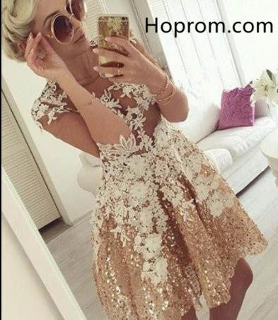 Yellow Sequins Homecoming Dress, Appliques 3/4 Sleeve Homecoming Dress
