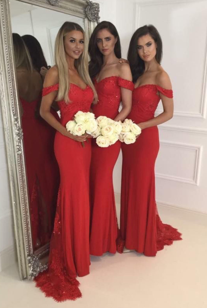 Red Lace Off the Shoulder SweeP Train Bridemaid Dresses