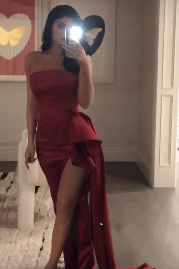 kylie jenner red silk dress KYLIE JENNER RED MAXI DRESS El Merrist Store