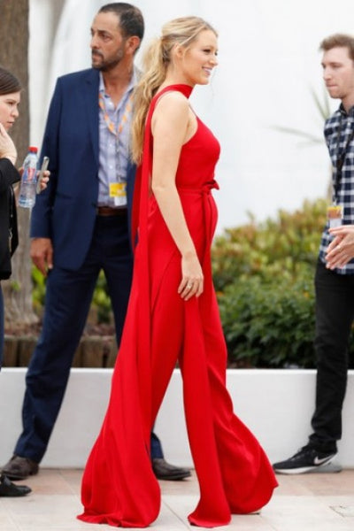 Red Blake Lively Spaghetti Straps Jumpsuit Prom Red Carpet Evening Outfit Celebrity Cannes