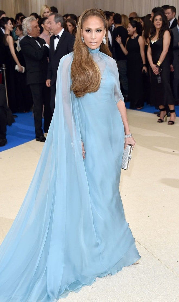 Blue Jennifer Lopez (J.Lo) Cape High Neck Dress Pastel Prom Celebrity Hoprom Blue Jennifer Lopez (J.Lo) Cape High Neck Dress Pastel Prom Celebrity Hoprom