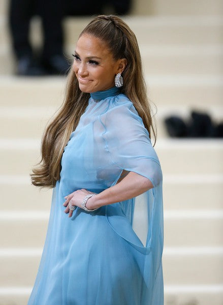 Blue Jennifer Lopez (J.Lo) Cape High Neck Dress Pastel Prom Celebrity Red Carpet Dress Met Gala