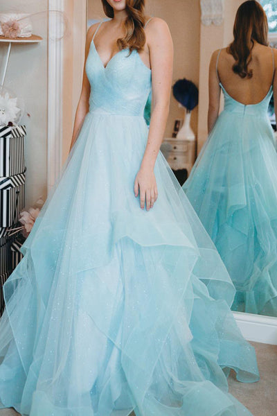 Ruffle Bling Straps Prom Dresses Sparkly Backless Evening Dress