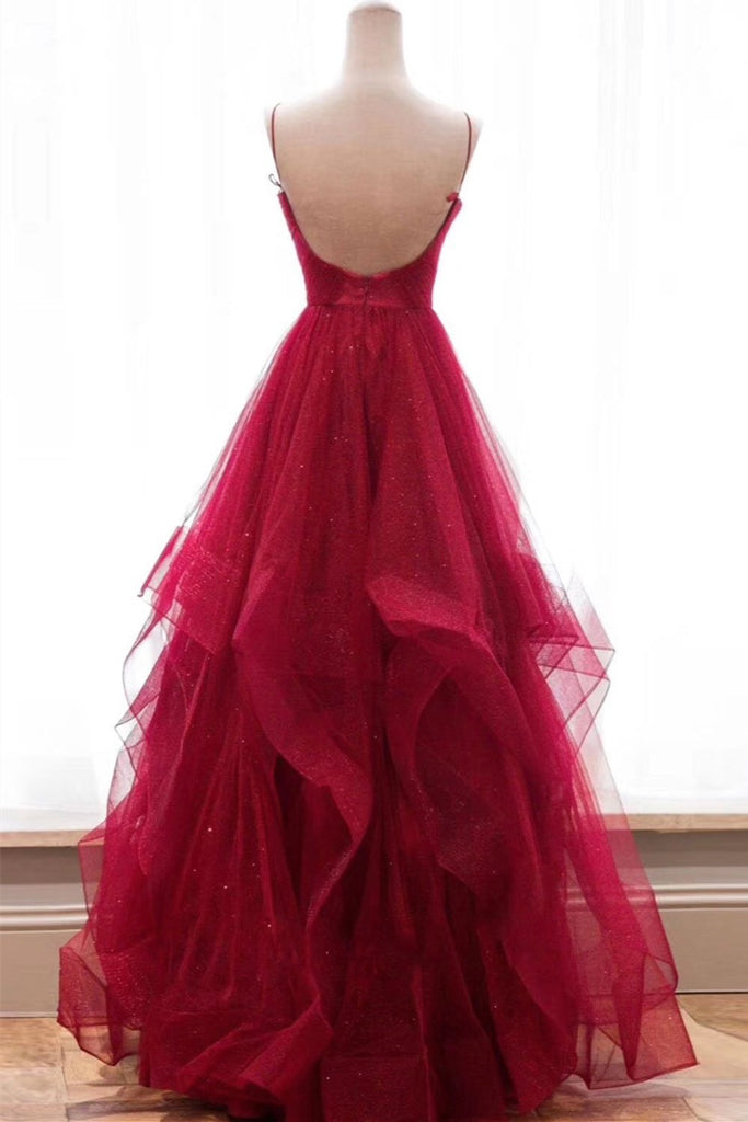 Ruffle Bling Straps Prom Dresses Sparkly Backless Evening Dress  Hoprom