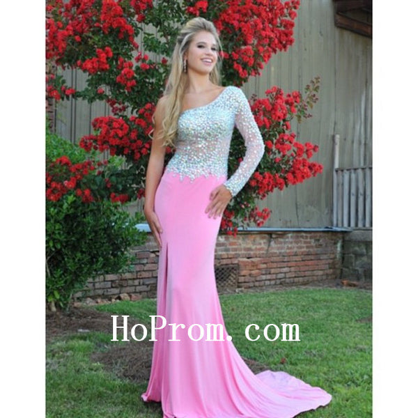 Pink Slit Prom Dresses,One Shoulder Prom Dress,Evening Dresses