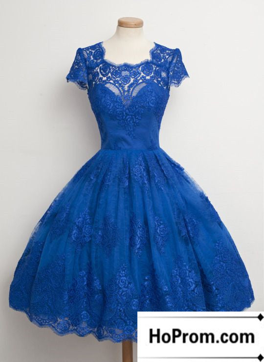 Knee Length Royal Blue Lace Prom Dress Evening Dresses