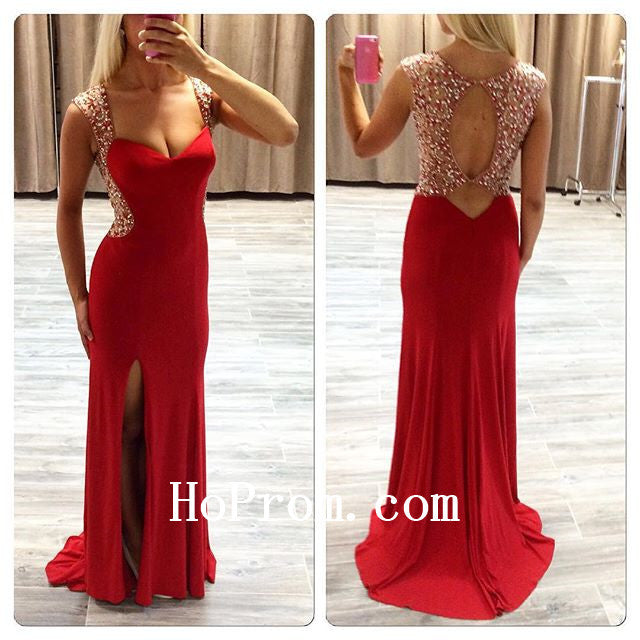 Red Satin Prom Dresses,Split Prom Dress,Evening Dress