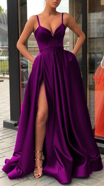Purple Spaghetti Straps Prom Dresses Slit Sexy Evening Dress
