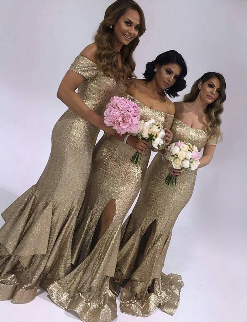 Gold Sequin Off the Shoulder Mermaid Bridesmaid Dresses for Wedding