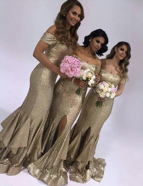 Gold Sequin Off the Shoulder Mermaid Bridesmaid Dresses for Wedding
