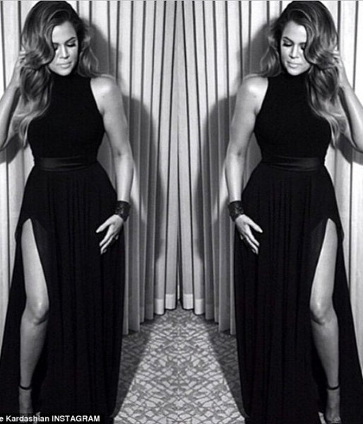 Black Khloe Kardashian Thigh-split Prom Celebrity Dress Formal Gown Golden Globe Awards