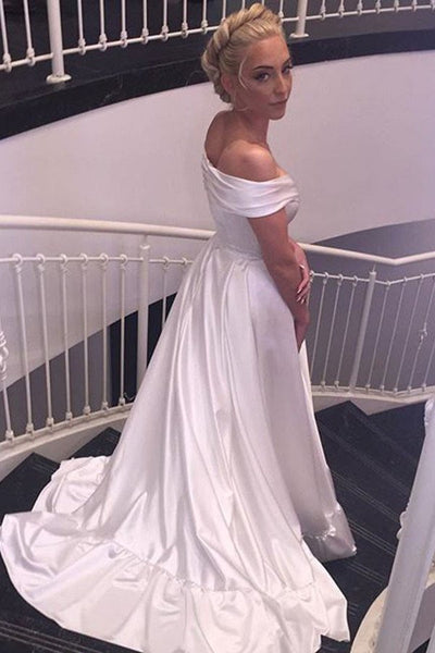 Off the Shoulder White Satin Court Train Bridal Wedding Dress