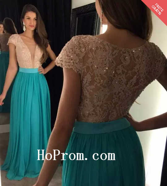 Lace Chiffon Prom Dresses,Blue Prom Dress,Evening Dress