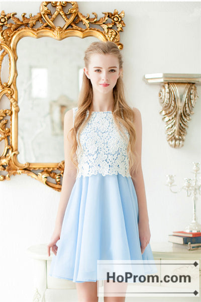 Baby Blue Chiffon White Lace Prom Dresses Homecoming Dresses