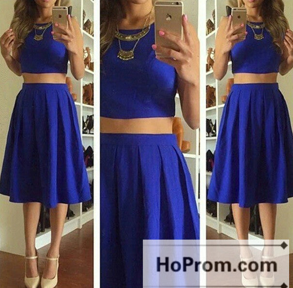 Knee Length Two Piece Blue Prom Dresses Homecoming Dresses
