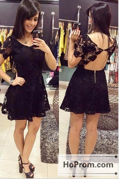 Short Sleeve Black Lace Prom Dresses Homecoming Dresses
