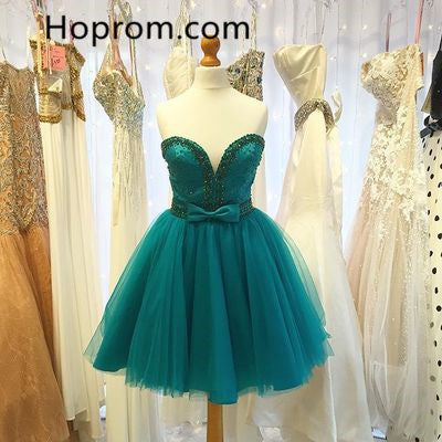 Green V Neck Tulle Homecoming Dress, Bowknot Homecoming Dress