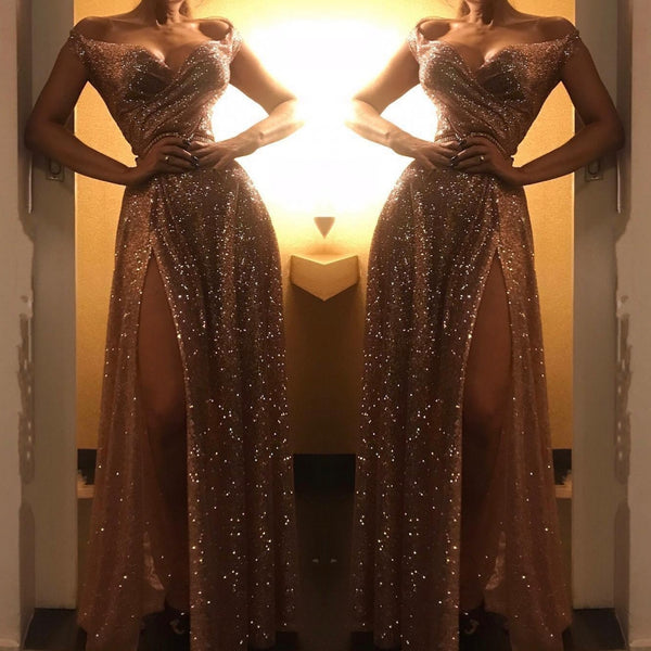 Gold Metallic Glitter Sexy Prom Dresses Off the Shoulder Evening Dresses
