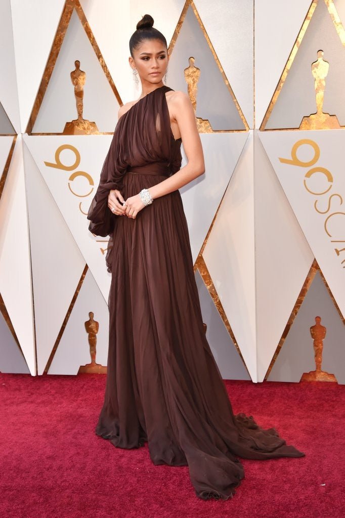 Chocolate Brown Zendaya Coleman One Shoulder One Sleeve Dress Pleated Hoprom Chocolate Brown Zendaya Coleman One Shoulder One Sleeve Dress Pleated Hoprom