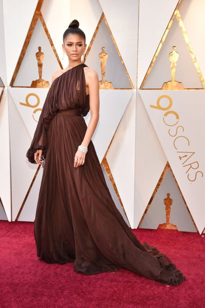 Chocolate Brown Zendaya Coleman One Shoulder One Sleeve Dress Pleated Prom Red Carpet Formal Dress Academy Awards (Oscars) For Sale
