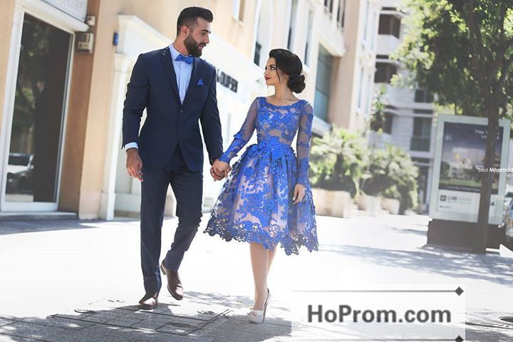 Royal Blue Knee Length Lace Prom Dresses Homecoming Dresses