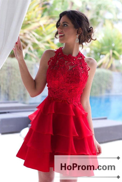 Short Layers Red Lace Prom Dresses Homecoming Dresses