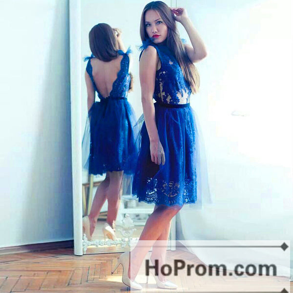 Backless Sleeveless Royal Blue Lace Prom Dresses Homecoming Dresses