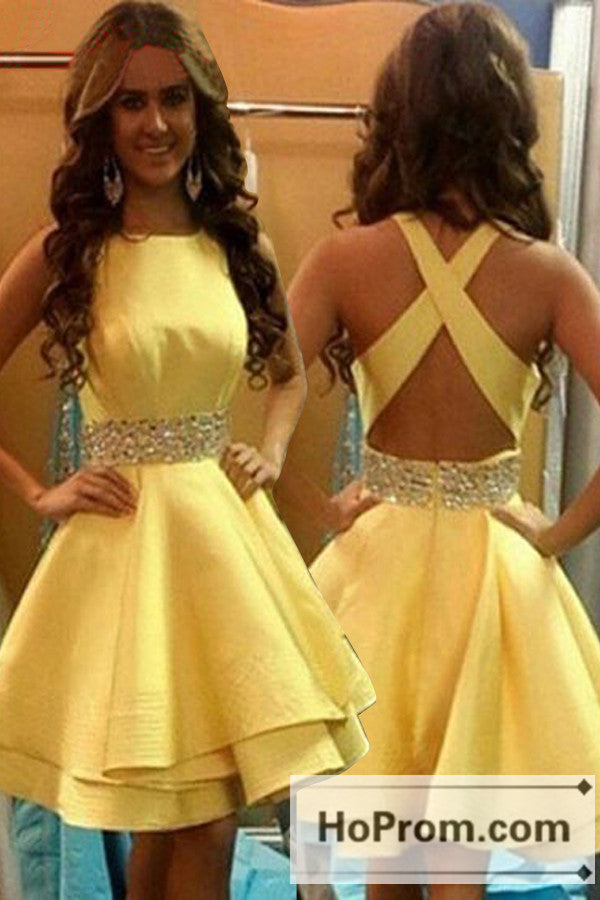 Cross Back Yellow Satin Short Prom Dresses Homecoming Dresses