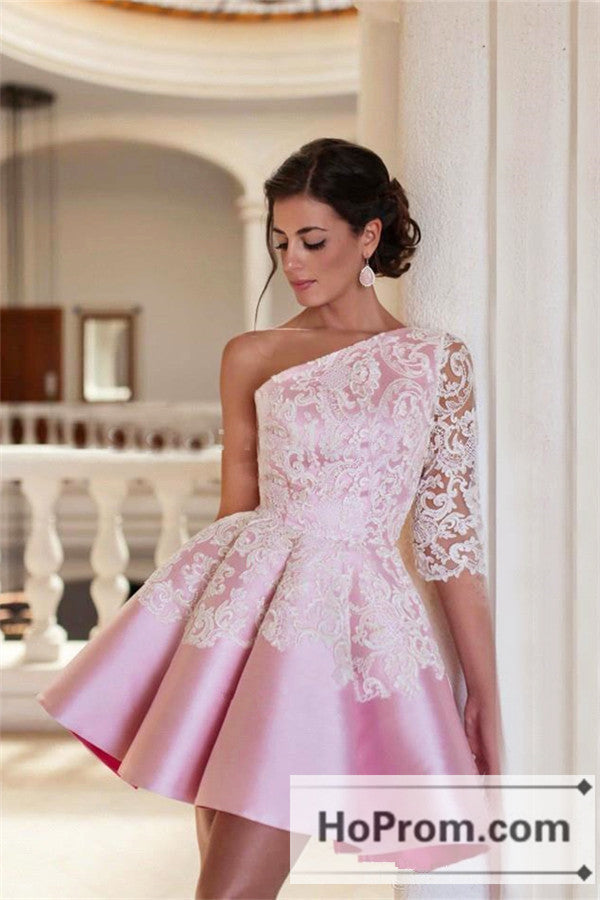 One Shoulder Pink Satin Lace Short Prom Dresses Homecoming Dresses