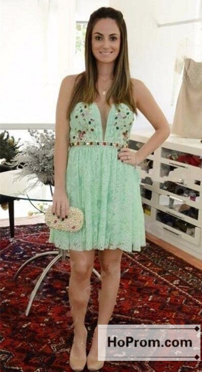 A-Line Green Lace Mini Prom Dresses Homecoming Dresses