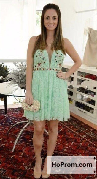 A-Line Green Lace Mini Prom Dresses Homecoming Dresses