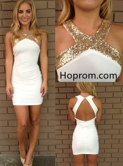 Silk-like Satin Sexy Scoop White SheathColumn Neck Sequins Backless Prom Dress