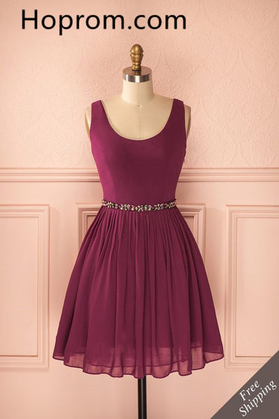 Burgundy Crystal Homecoming Dress, Chiffon Homecoming Dress