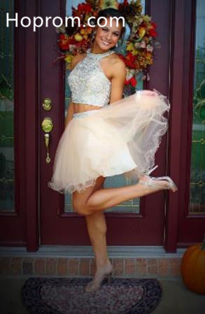 White Two Pieces Homecoming Dress, Beadings Chiffon Homecoming Dress