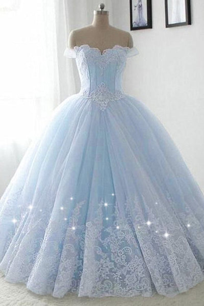 Off the Shoulder Blue Prom Dresses Ball Gowns Lace Appliques