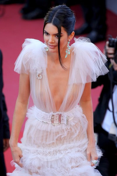 White Kendall Jenner Sheer Low V Neck Dress Tulle Prom Red Carpet Celebrity Dress Cannes