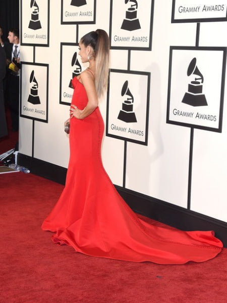 Red Ariana Grande Mermaid Satin Dress Spaghetti Straps Prom Celebrity Evening Dress Gown 58th Annual Grammy Music Awards