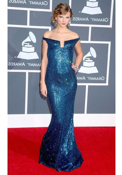 Blue Taylor Swift Sparkly Sequin Strapless Dress Open Back Prom Red Carpet Dress Grammys