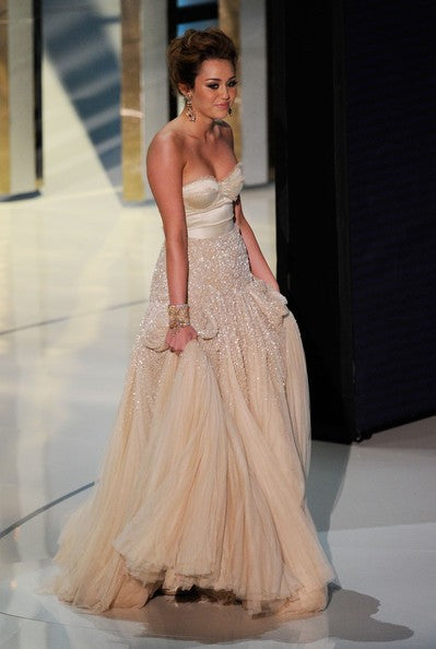 Ivory Miley Cyrus Strapless Beaded Open Back Dress Sequins Prom Red Carpet Formal Dress Oscar Awards