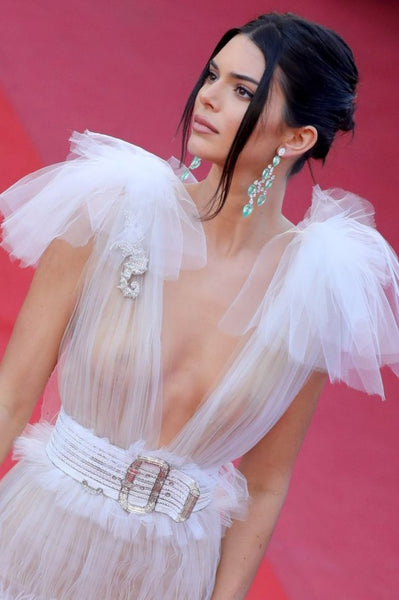 White Kendall Jenner Sheer Low V Neck Dress Tulle Prom Red Carpet Celebrity Dress Cannes
