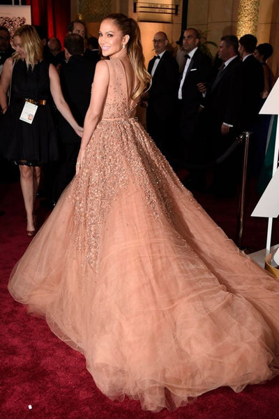 Peach Jennifer Lopez (J.Lo) V Neck Sequins Dress Long Prom Best Celebrity Red Carpet Dress Oscars