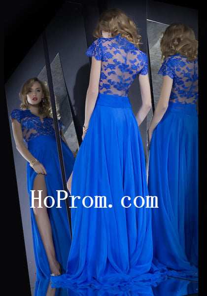Short Sleeve Prom Dresses,Blue Lace Prom Dress,Evening Dress